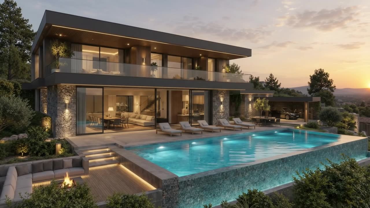Akşam ışığında havuzlu villa