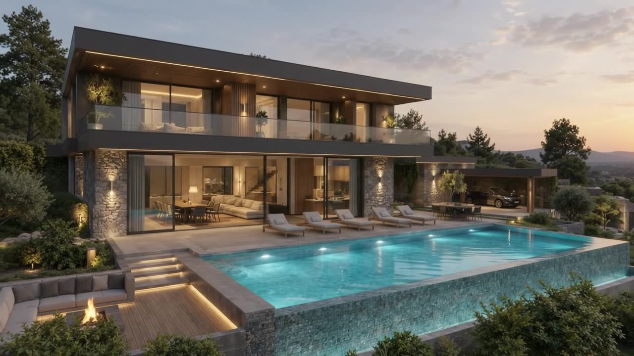 Akşam ışığında havuzlu villa