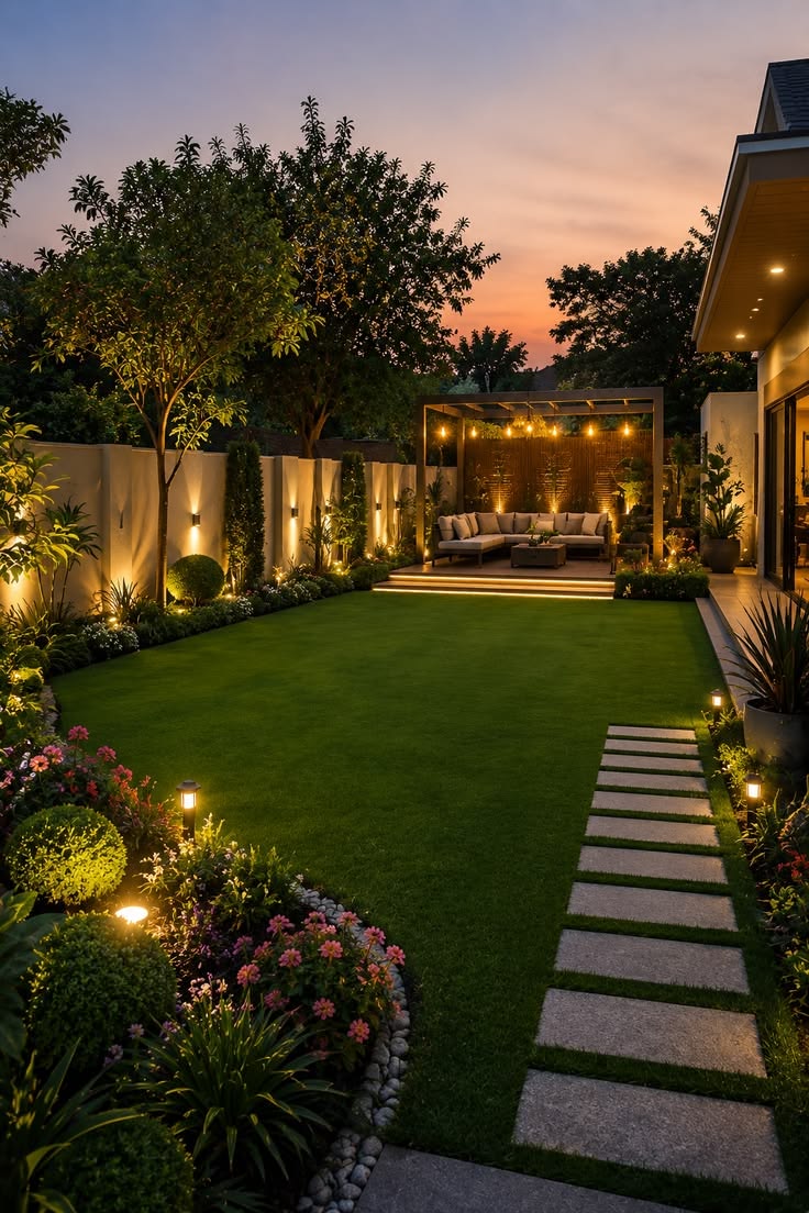 Akşam ışıklandırmalı bahçe ve pergola