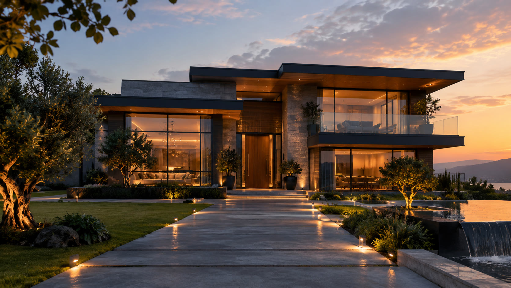 Gün batımında havuzlu modern villa